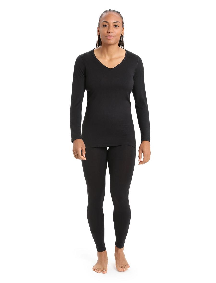 Women's Icebreaker Merino 200 Oasis Long Sleeve V Neck Thermal Top Base Layers Black | CA 1094FDNM